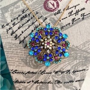 Gemstone Burst Navy Teal & Deep Pink Betsey Johnson Pendant Necklace NEW!